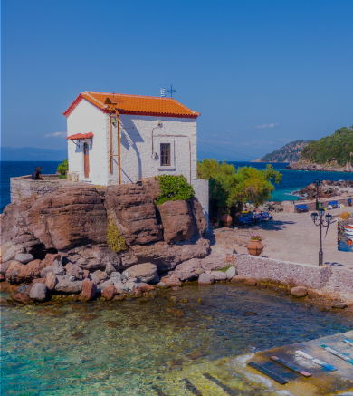 Skala Sykaminias harbour Mermaid Madonna chapel northern Lesvos Greece
